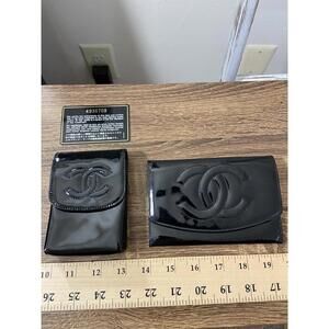 Chanel black patent leather cigarette case + card wallet set
